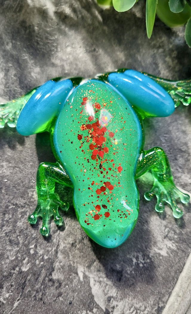 Frog Ornament – Green and Blue Glitter with Red Glitter