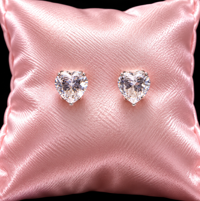 Beautiful Heart Shaped Cubic Zirconia &amp; Sterling Silver Stud Earrings 