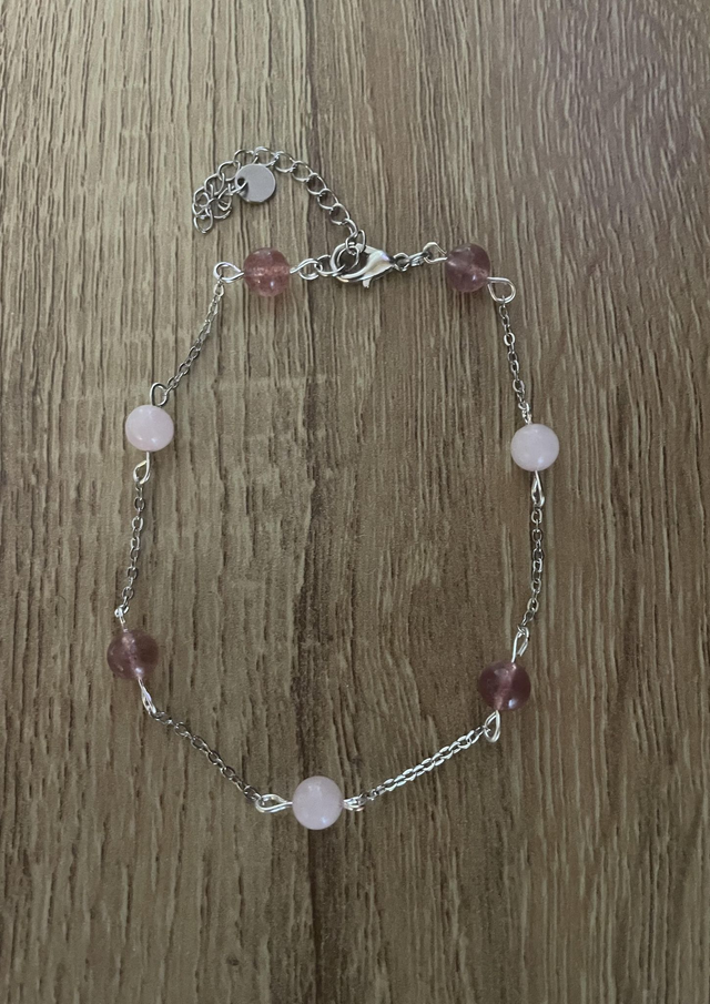 Chaîne de cheville Quartz rose et Quartz fraise 6 mm