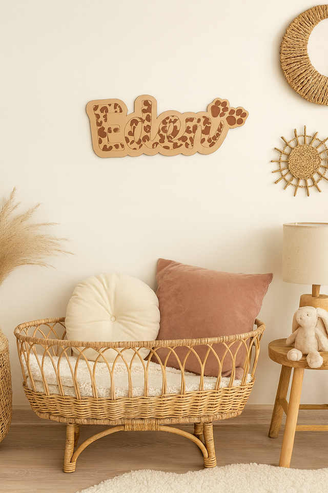 🌿 Pancarte prénom en bois motif léopard – Style Bohème
