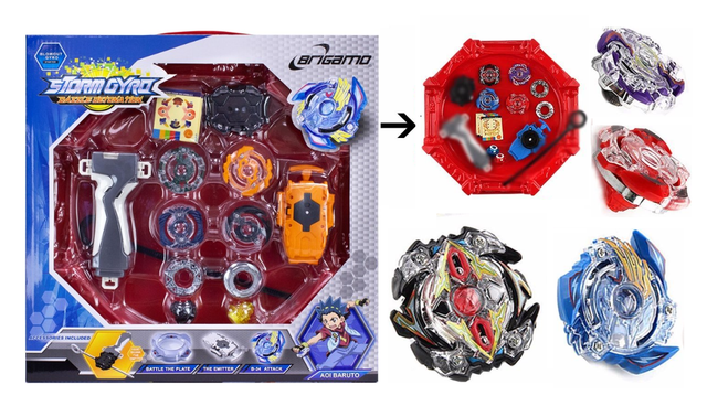 COFFRET - SET COMPLET avec Arène 34 cm + 4 TOUPIE BEYBLADE BURST en métal + 2 LANCEURS+ Autocollants
