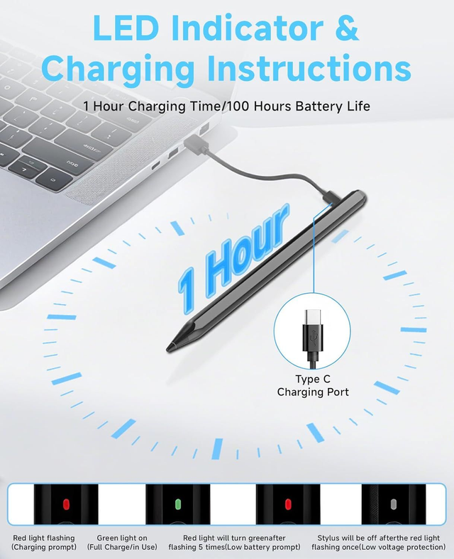 Stylet Actif Rechargeable pour Microsoft Surface – 4096 Niveaux de Pression, Rejet de Paume, Recharge USB-C, Noir