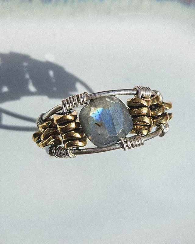 Bague N°7 Argent 925, Labradorite & Hématites Dorées - Anneau Double