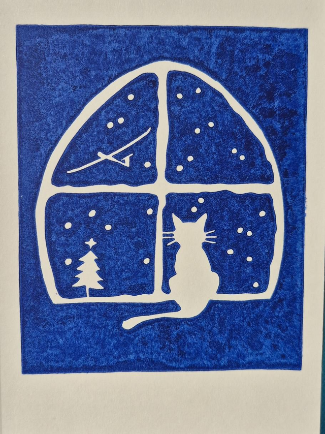 Weihnachtskarte Katze am Fenster