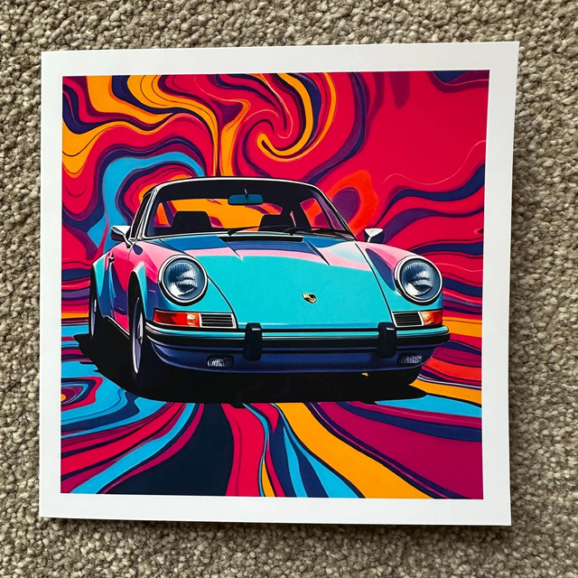Classic 1960s Porsche 911 Pop Art Psychedelic Greeting Card – Retro Car Enthusiast Gift, Bold & Colourful Retro Design