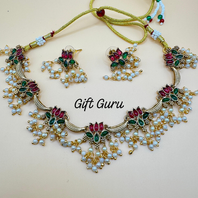 Pearl Beaded Lotus Necklace Set – Elegant Gold Finish with Earrings