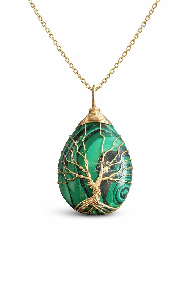 Collier Arbre de Vie – Malachite synthétique reconstituée