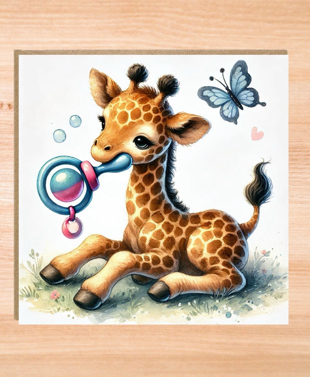 Giraffe New Baby Card - Rattle