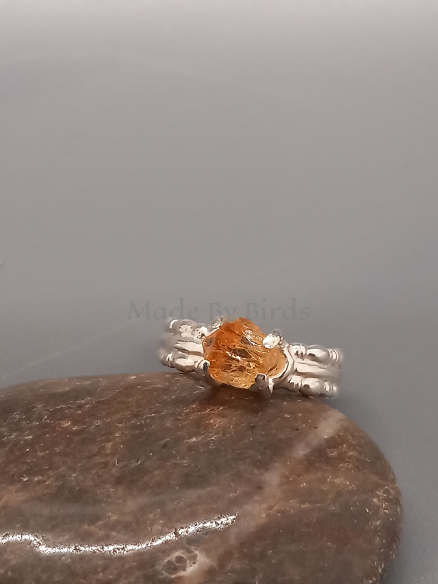 Sterling Silver Patterned Band Ring With Claw Set Raw Citrine Stone