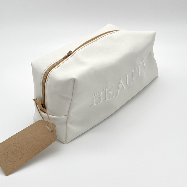 Kosmetiktasche Vicky groß - weißes Kunstleder, bestickt