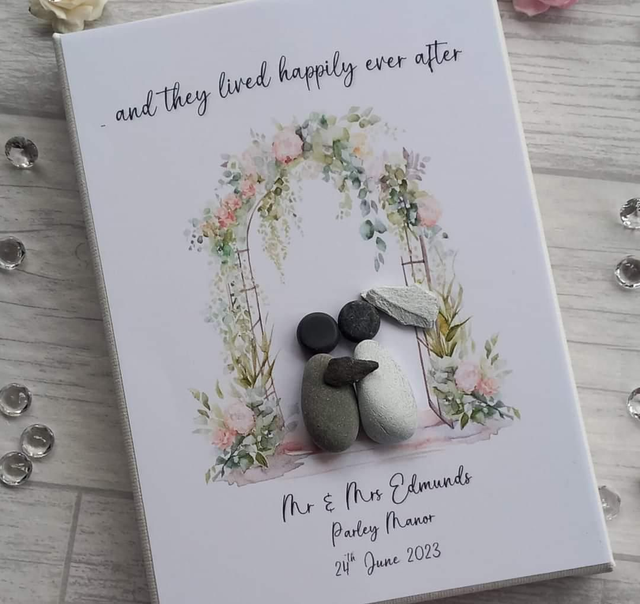 And they lived happily ever after, personalised wedding pebble picture | 5&quot; x 7&quot; canvas frame, with decoupage design 