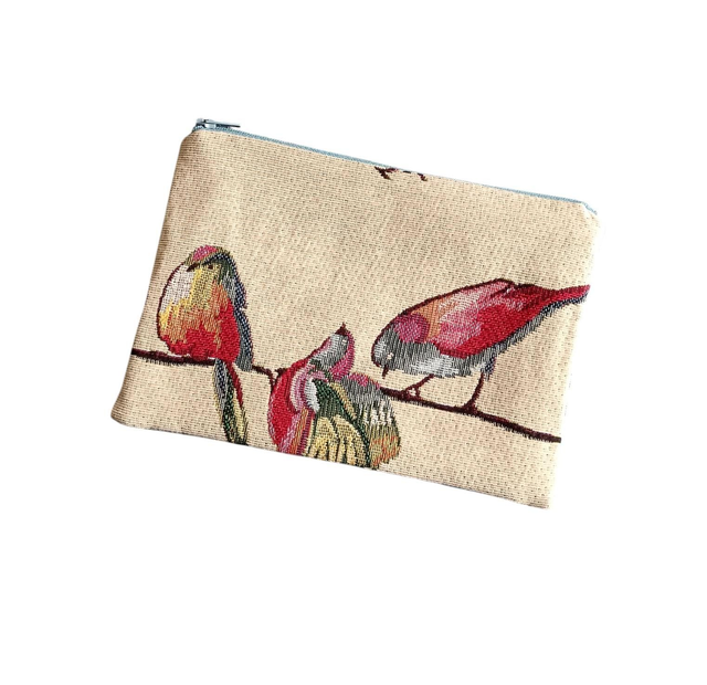  Grande Pochette zippée / pochette maquillage/ Trousse / Mélange de tissu Gobelin "oiseaux" et toile damassée rouge.