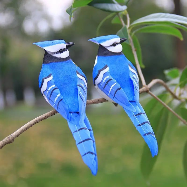 2 pièces d&#039;Oiseaux en mousse Déco Réalistes de Geai Bleu avec Plumes 