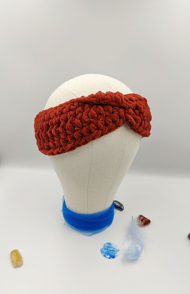 Bandeau de tête rouge ocre aspect velours fil scintillant fait au crochet, bandeau de cheveux