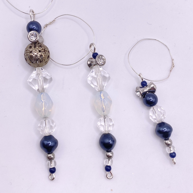 UPCYCLED Icicles x 3 Christmas Decoration Set Navy, Clear and Silver tone vintage beads