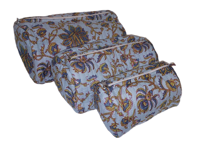 Trousse de toilette matelassée – Trousse de maquillage - Coton doublé fait main - Bleu, vert