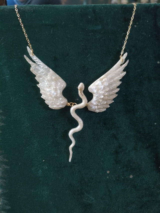Winged Snake Pendant - white and gold