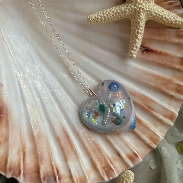 Large Heart Necklace with Starfish and Silver Plated Chain 