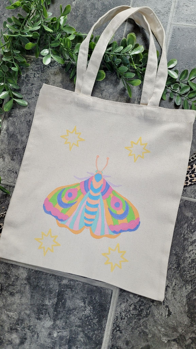 Pastel Moth Beige Tote Bag – Hand-Painted 
