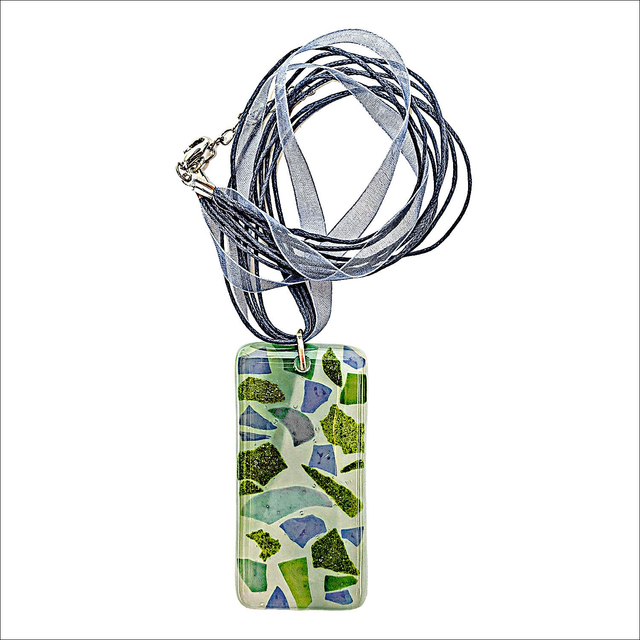 Pendant in pale pastel blue/green fused glass topped with sparkly green and blue confetti (Ref P15)
