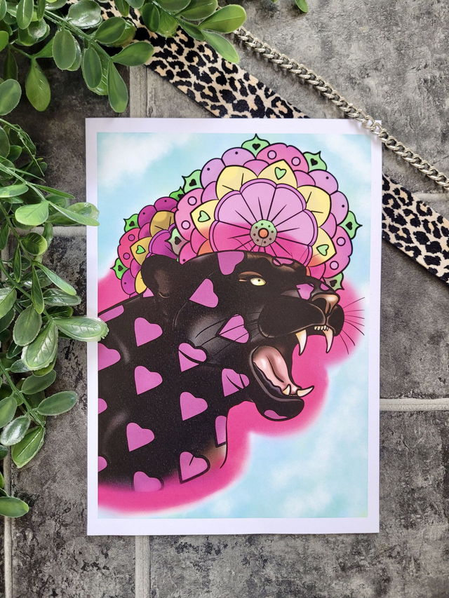Heart Black Panther &amp; Mandala A4 Art Print
