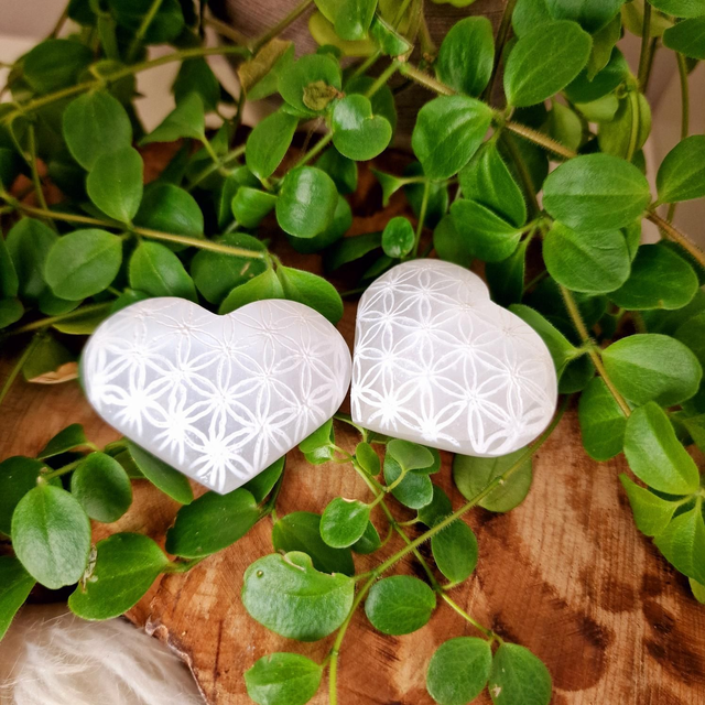 Selenite Engraved Puffed Hearts