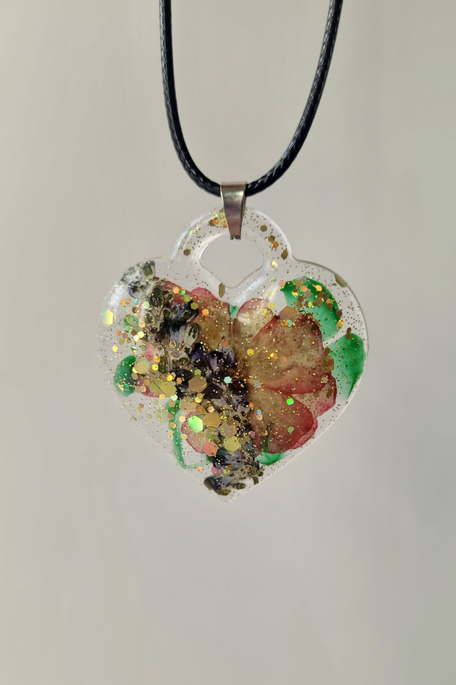 Floral Real Dried Flowers Heart Necklace with Glitter - Black Waxed Adjustable Cord