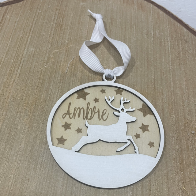 Boule de Noël bois cerf personnalisé 