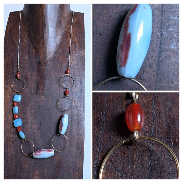 Agate bleu et orange ( pierres naturelles) cercles en acier inoxydable doré monté sur fil de lin réglable et résistant pièce unique 