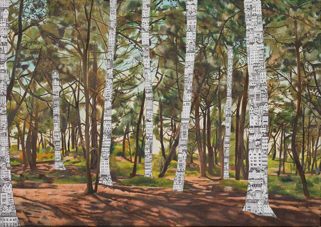 Buildings Taking Over - print of oil paint and fine liner drawing by Louise Le Tissier