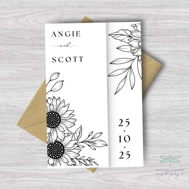 “Angie” sunflower design - Black and  white monochrome - Gatefold Wedding invitation