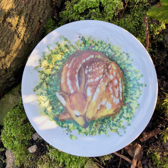 Sleeping forest animal upcycled dinner plate
