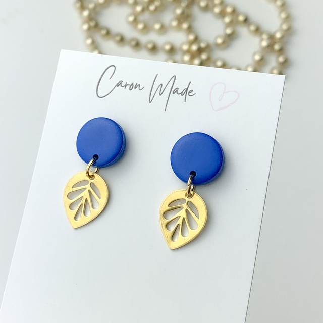 Bright Blue Dangle Earrings with Brass Leaf Charm