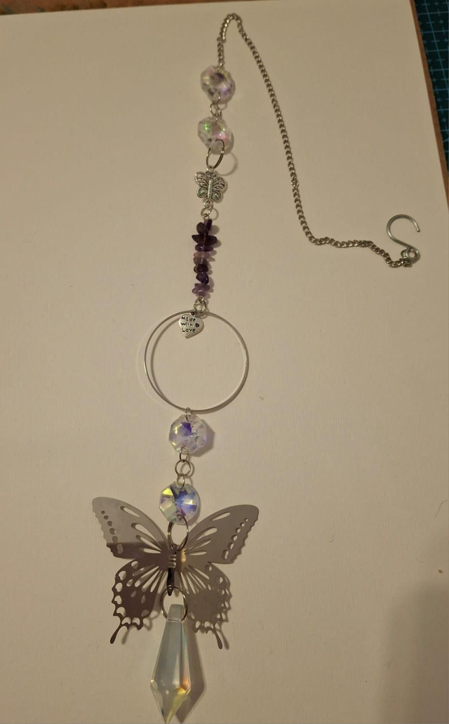 Butterfly and amethyst chips suncatcher 
