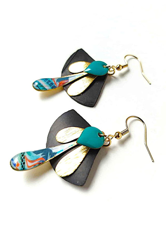 Boucles d&#039;oreilles Upcyclées en Chambre à Air et Papier Recyclés - Dragon végétal