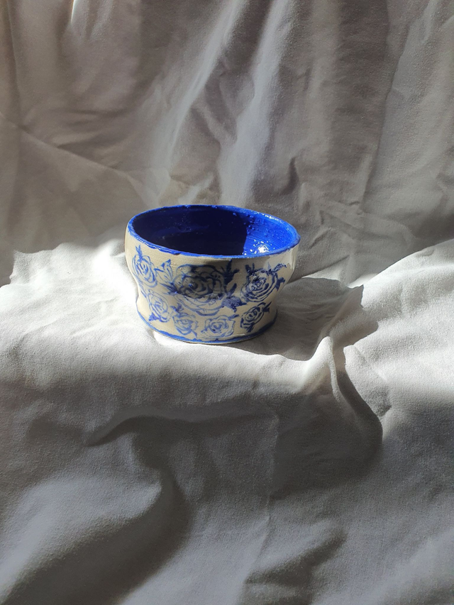Hand painted blue roses ceramic bowl