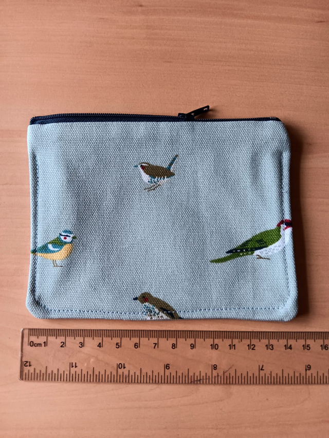 Birds on a grey Background Zipped Purse with Navy Waterproof Lining, and Black Zip.