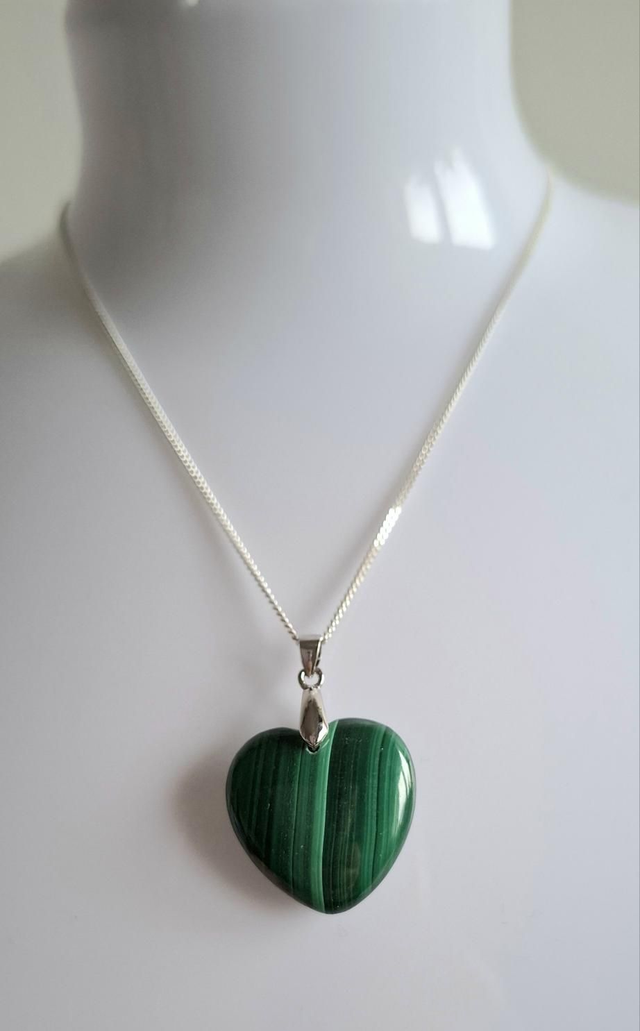 Malachite heart pendant with silver plated chain