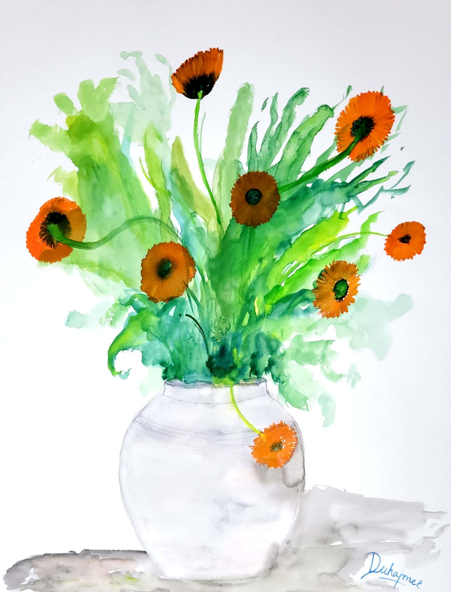 Calendula et son vase gris, 2015
