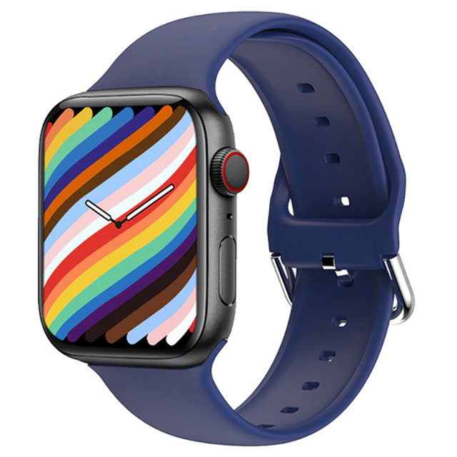 Smartwatch blu con cinturino in silicone e base di ricarica magnetica