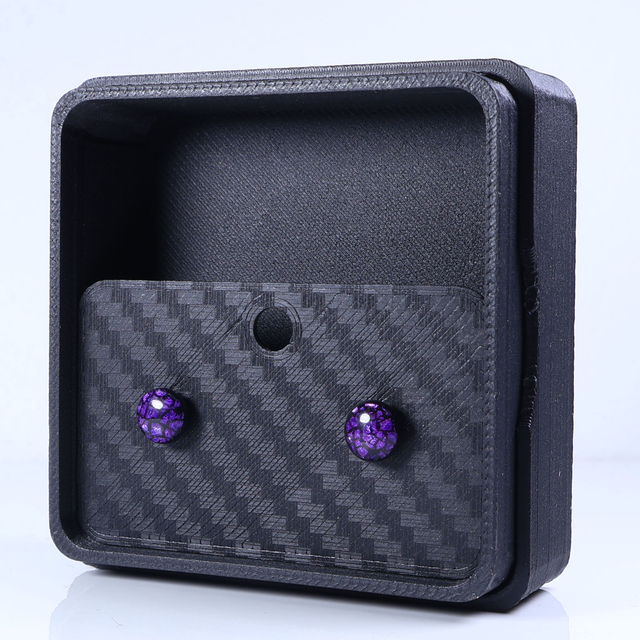 Hypoallergenic Vibrant Electric Cracked Dark Purple Polymer Clay Plastic Rubber Back Stud Earrings With Designer Carbon Fiber Jewellery Box