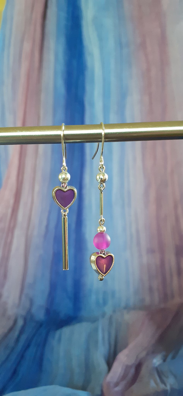 Parure argentée, Serce Collier & Boucles d'oreilles asymétriques & Bracelet, petits cœurs et perle violette