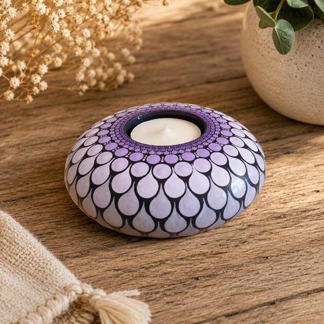 Bougeoir mandala mauve en plâtre résine – Peint à la main