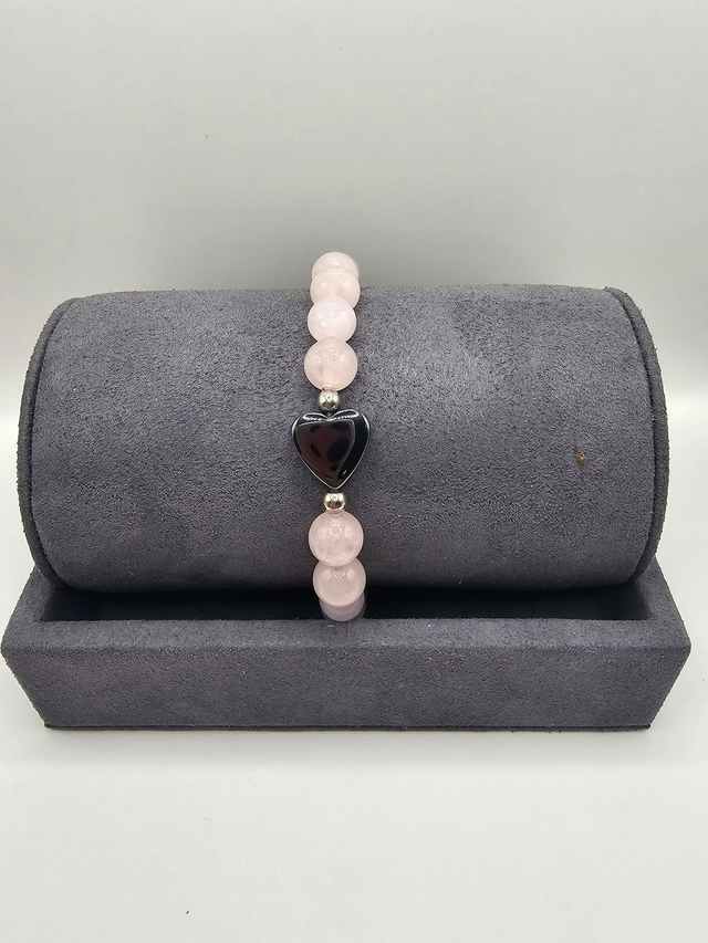 Ladies Rose Quartz & Hematite Heart Bracelet.