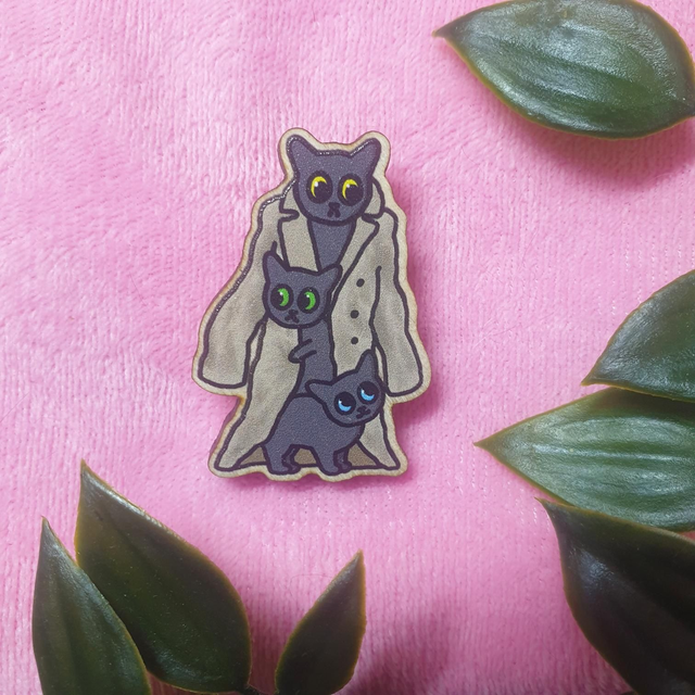 Three Cats in a Trench Coat Wooden Pin Badge