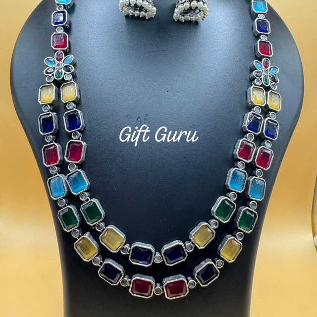 Oxidised multi colour stones two layer haram