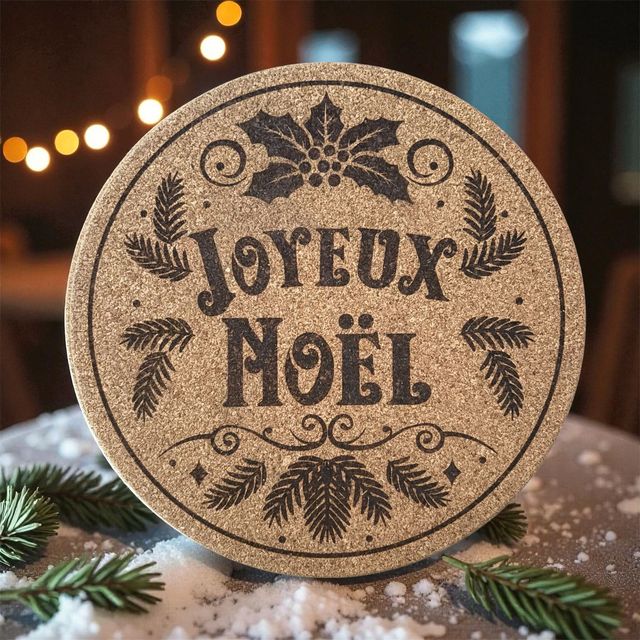 Dessous de plat liège - Joyeux Noël branches de sapin et houx