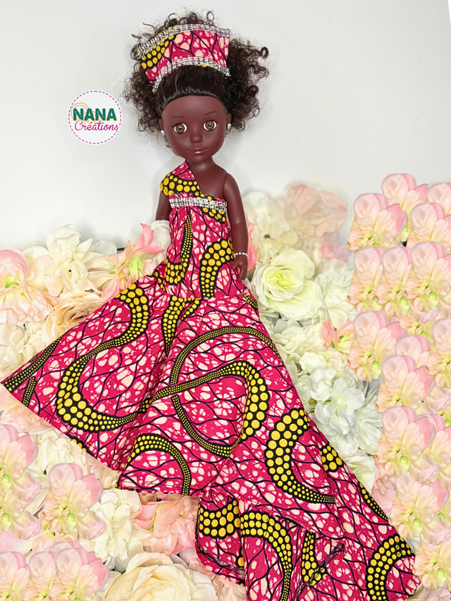 Poupée - Robe en wax rose et jaune Fait Main| Robe longue princesse unique | Cheveux bouclés