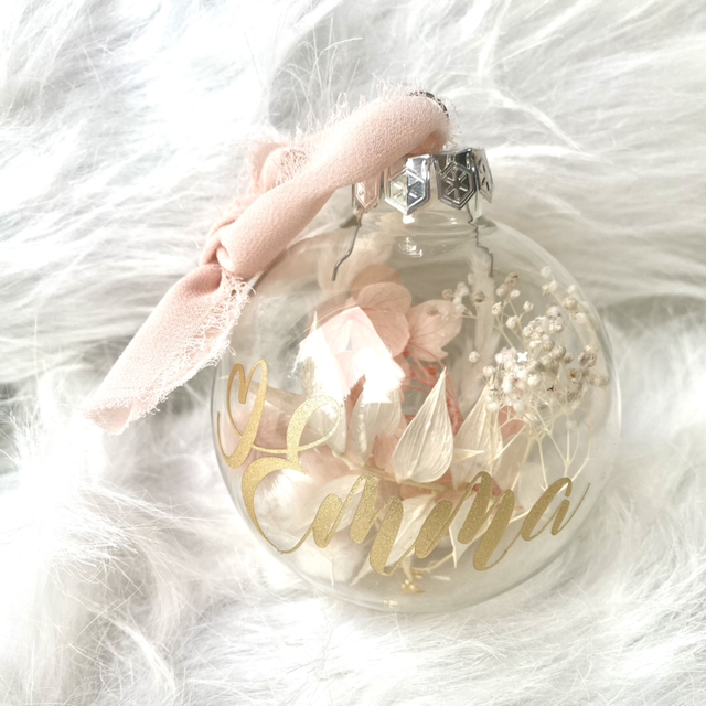 Boule de Noël fleurs séchées ( Rose Blanc Or pailleté )