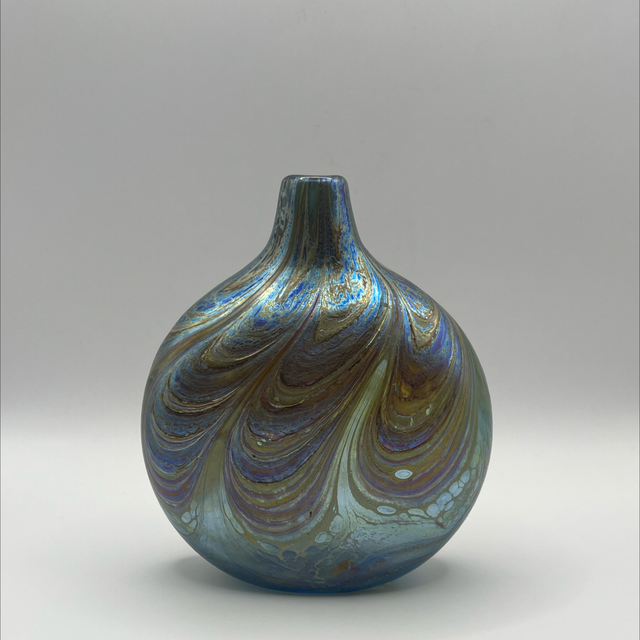 Iridescent Flask Vase by Norman Stuart Clarke – Signed, 14cm